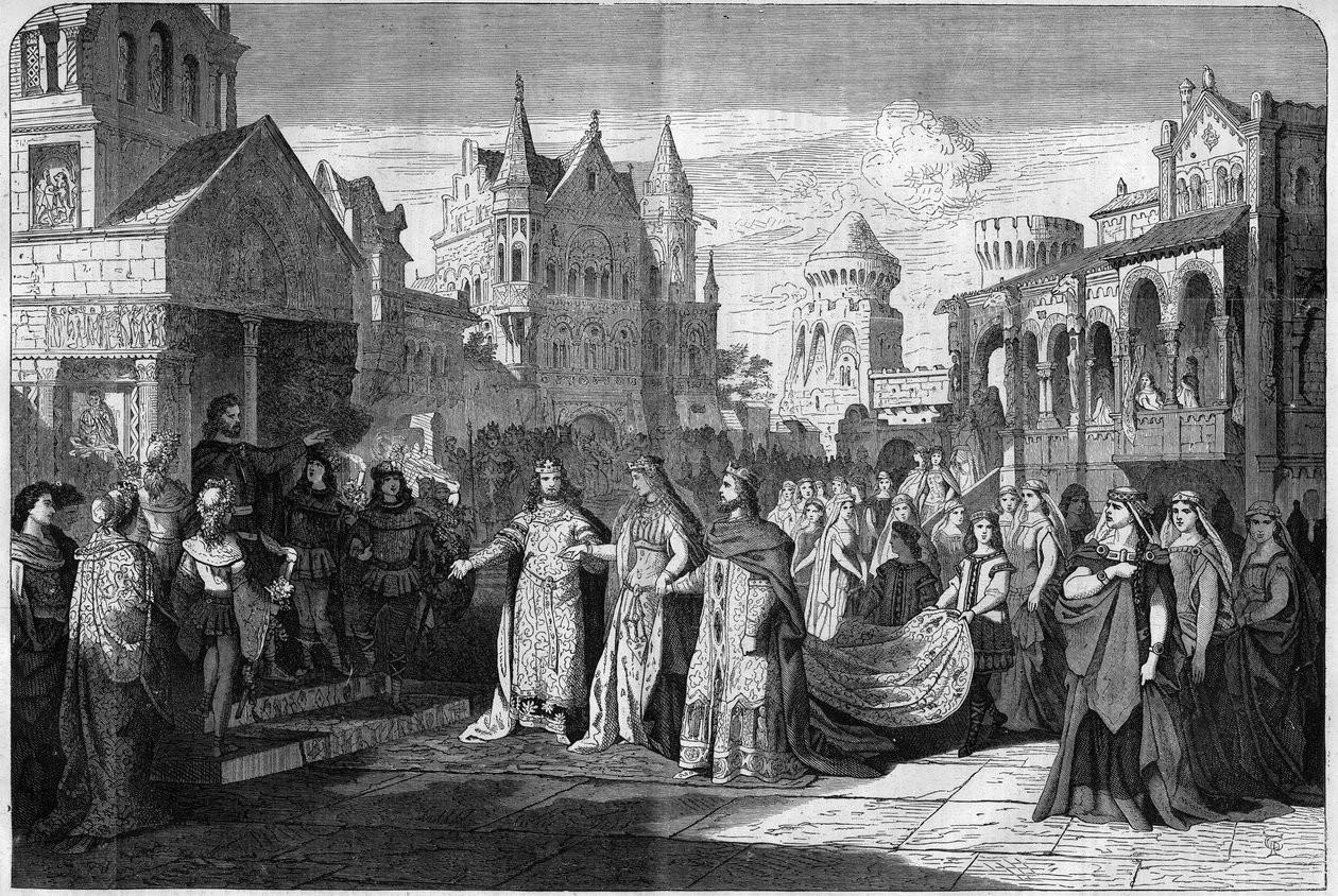 Representação da ópera romântica "Lohengrin" de Richard Wagner (1813-1883), última cena do acto II, no Royal Theatre em Munique, Alemanha. Gravação em "O Universo Ilustrado". de Unknown artist