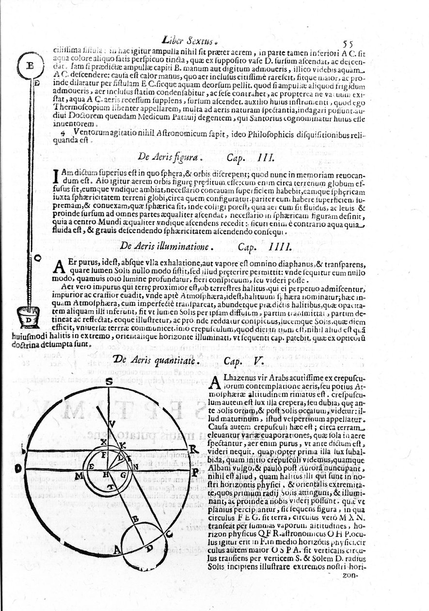 Representação do termoscópio, utilizado para medir variações de temperatura. Página retirada de "Sphera mundi, seu cosmographia demonstrativa, ac facili methodo tradita" pelo astrônomo jesuíta e matemático Giuseppe Biancani (Josephus Blancanus) (156 de Unknown artist