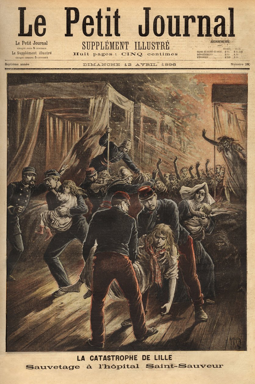 Resgate no Hospital São Salvador de Lille ou um incêndio devastou os três monumentos mais antigos da cidade, a igreja, a antiga torre e o hospital. Gravura no "Le petit journal" 12/04/1896. A coleção de Selva. de Unknown artist