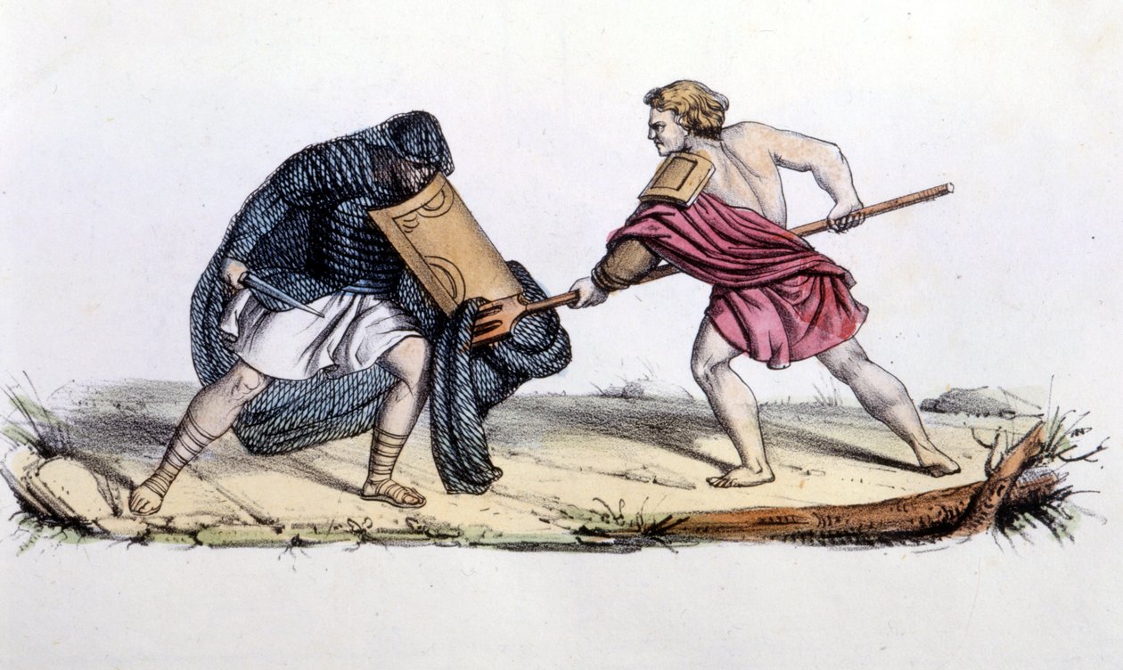 Resiario e Mirmillone. Gravura do século XIX. de Unknown artist