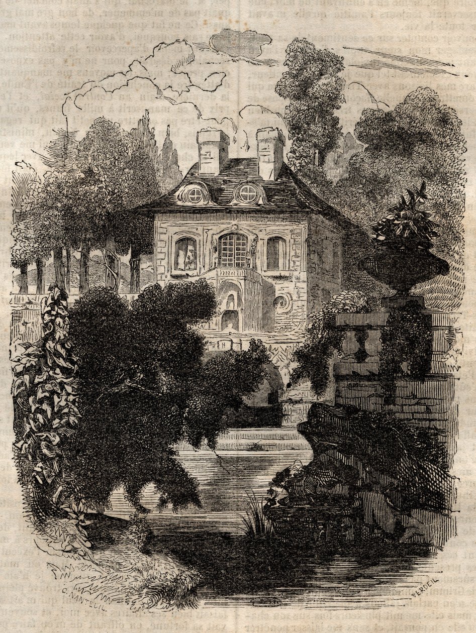 Residência de Rousseau na ilha de Saint-Pierre (São Petersinsel) Berna - Suíça - Ilustração para as "Confissões" de Jean-Jacques (Jean Jacques) Rousseau (1712-1778) - gravura de 1849 de Unknown artist