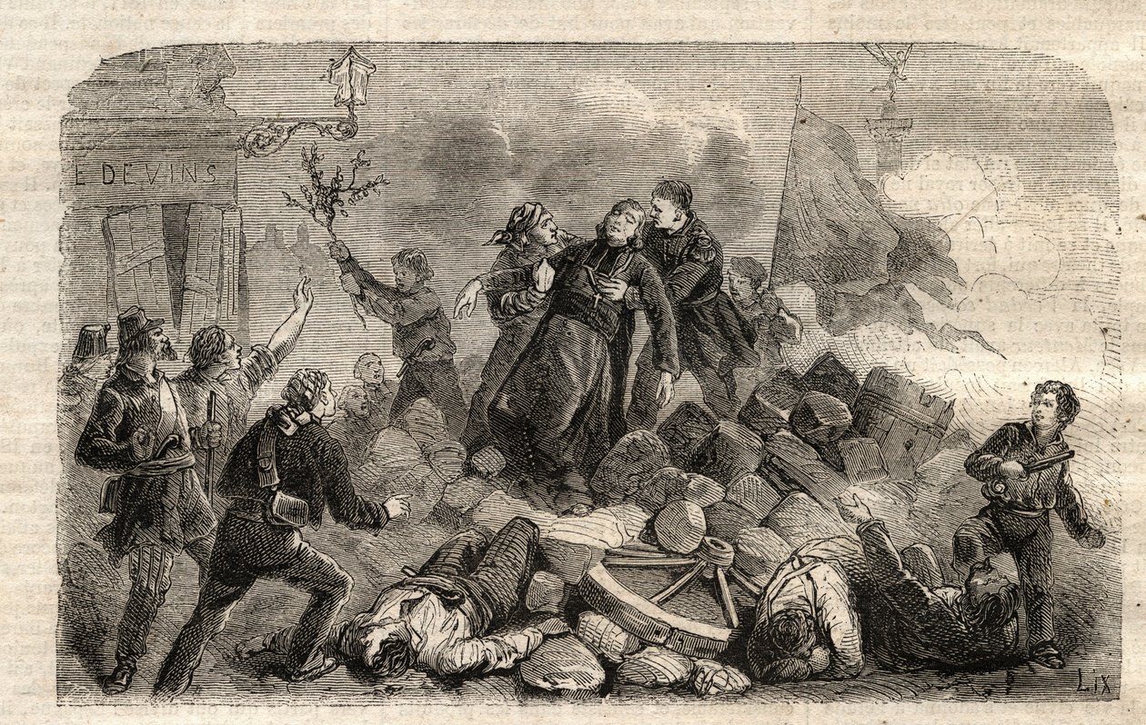 Revolução de 1848: "The Archeveque Monsenhor Denis Affre (1793-1848) on the Barricade Faubourg Saint Antoine in Paris 26/06/1848 (Do o mon dieu que mon sang soit le dernier verse) (Morte Denis Affre Arcebispo de Paris da barricada na entrada do t de Unknown artist