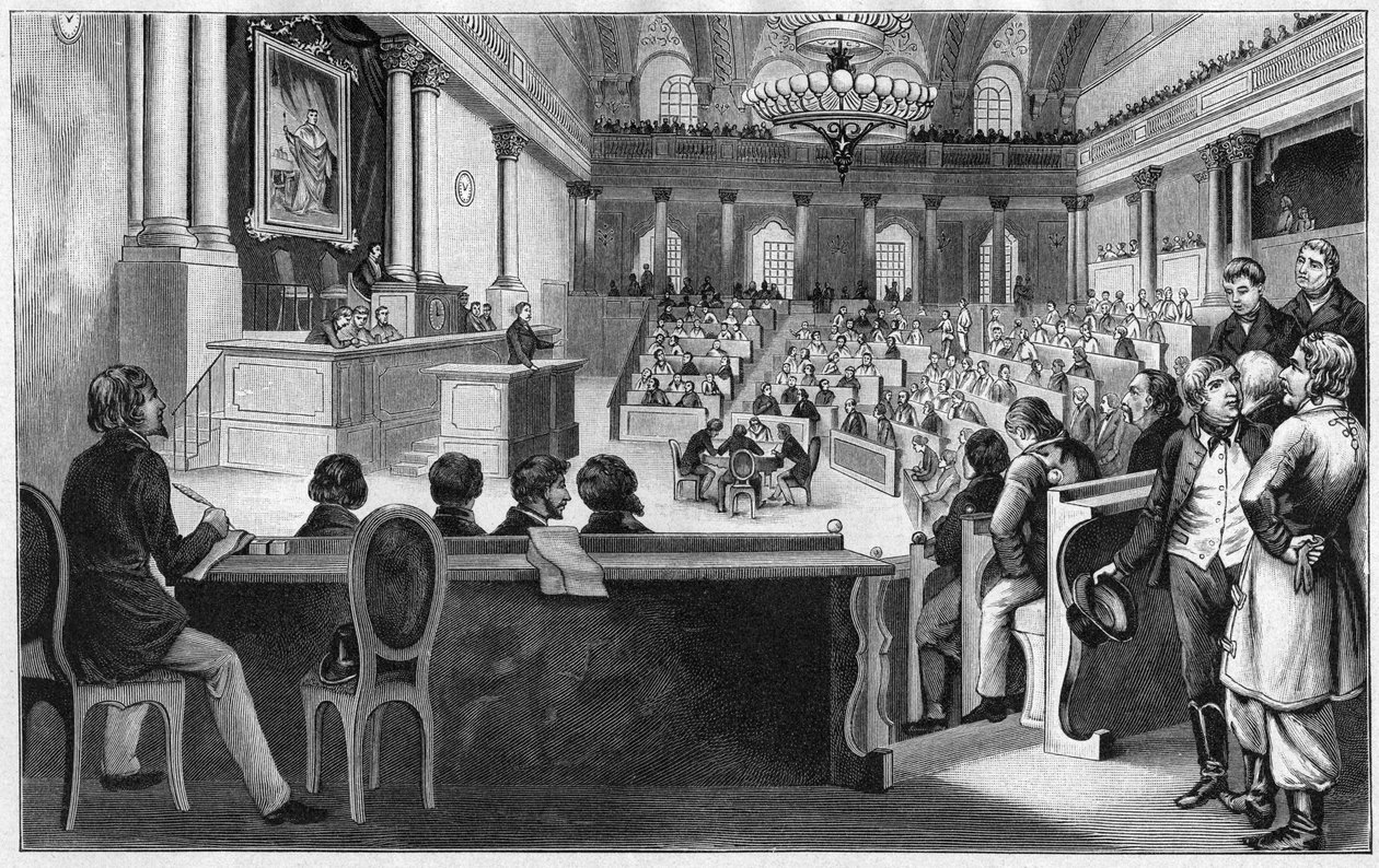 Revolução em Viena 1848 - A reunião da primeira Assembleia Constituinte Austríaca (Reichsversammlung), em julho de 1848, na Escola de Equitação Espanhola em Viena, Áustria. de Unknown artist