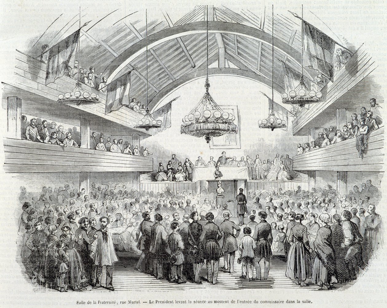 Revolução de 1848: A sala da Irmandade, rue Martel, o Presidente suspendeu a sessão à entrada do Comissário na sala. de Unknown artist