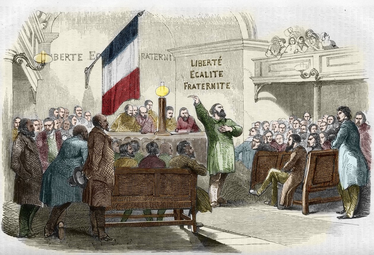 Revolução de 1848: Reunião do Clube Republicano em Paris, em 1848. O muro lê o lema republicano "liberdade, igualdade, fraternidade". (Reunião de um clube republicano). Gravura do século XIX. de Unknown artist