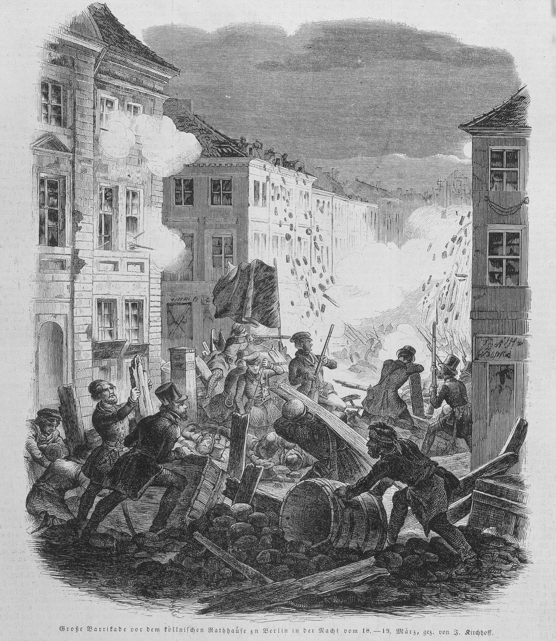 Revolução de Março de 1848: barricada em Berlim em 19/03/1848. Frederic William IV da Prússia será levado a aceitar a reunificação e um governo liberal. de Unknown artist