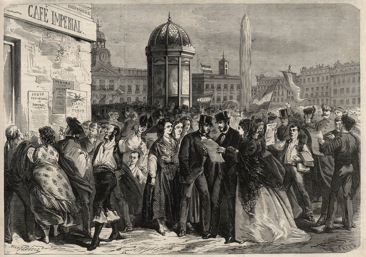 Revolução de Setembro de 1868 em Espanha (Gloriosa): leitura do manifesto da junta, na rua de Alcalá, em Madrid. Gravura em "L