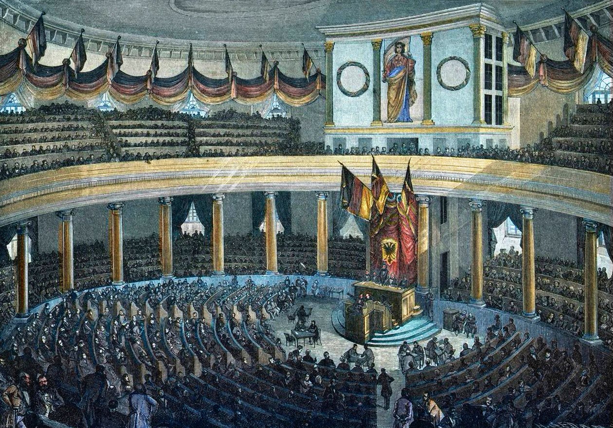 Revoluções 1848 - 1849: Assembleia Nacional Alemã na Igreja de S. Paulo em Frankfurt am Main - gravura em madeira colorida de Unknown artist