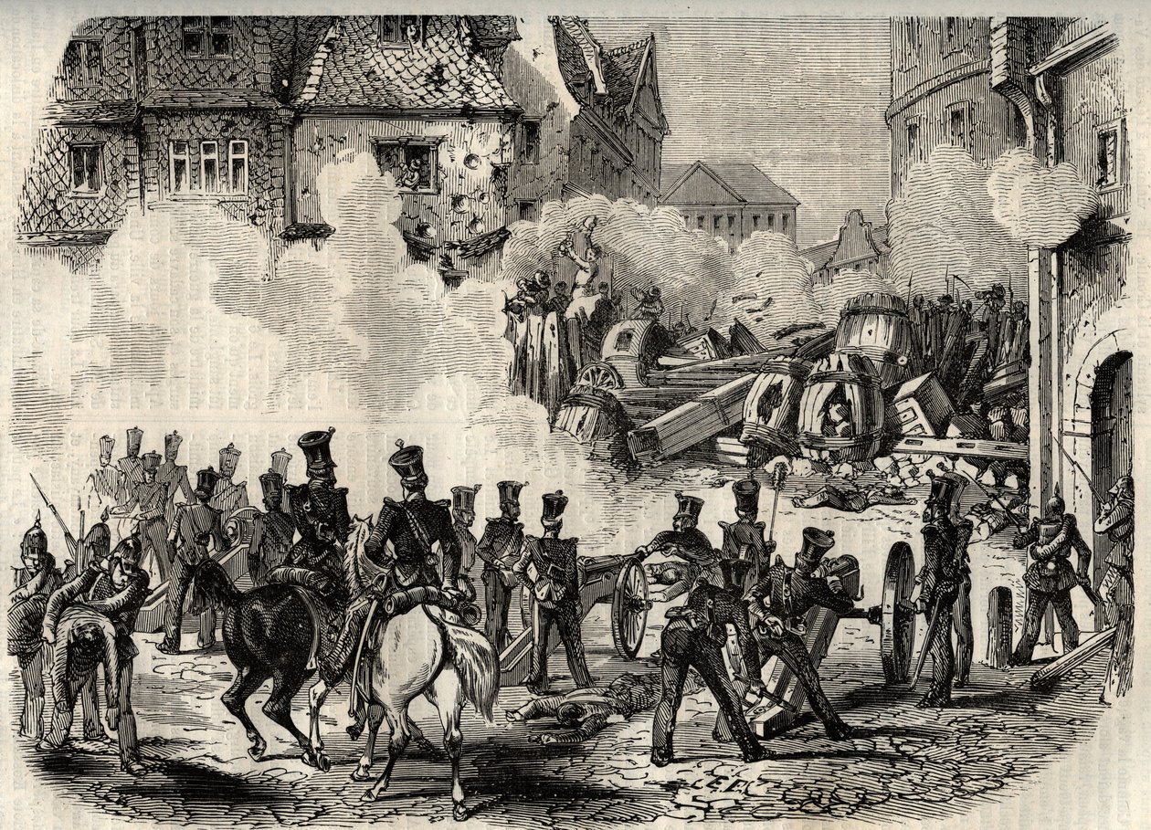 Revoluções 1848 - 1849, Alemanha, Frankfurt - Tropas invadindo uma barricada em Frankfurt, Alemanha, em 18 de setembro de Unknown artist
