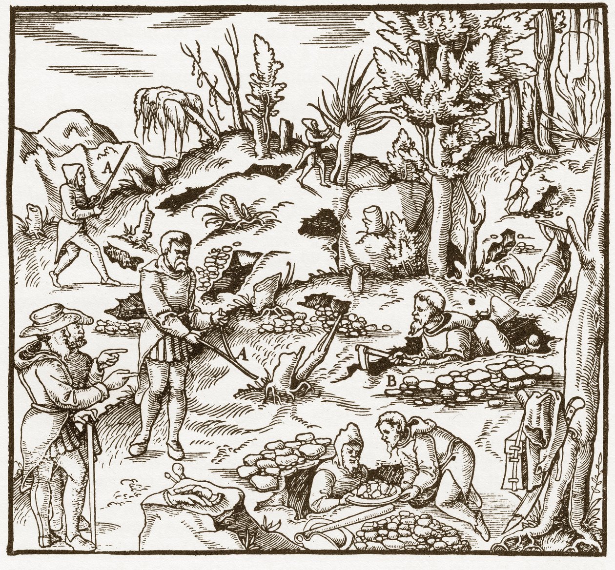 Rhabdomancy - rhabdomancie - Exploração de um campo mineiro usando a varinha de condão - Homens cortam e usam varas de adivinhação para localizar minerais - De "De re metallica" por Georgius Agricola (Georg Bauer), Basiléia de Unknown artist