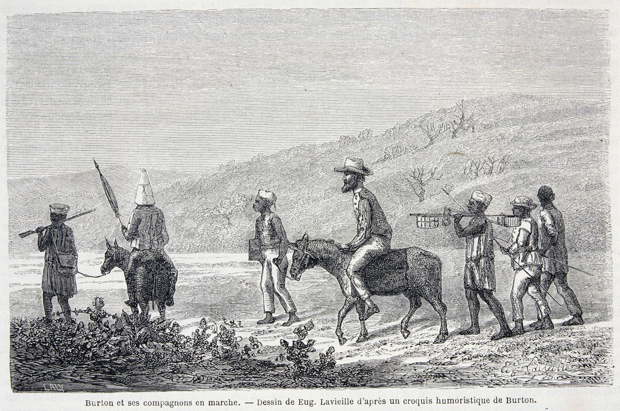 Richard Francis Burton, explorador britânico (1821-1890), e seus companheiros na África. Desenho ilustrando o artigo "Captain Burton