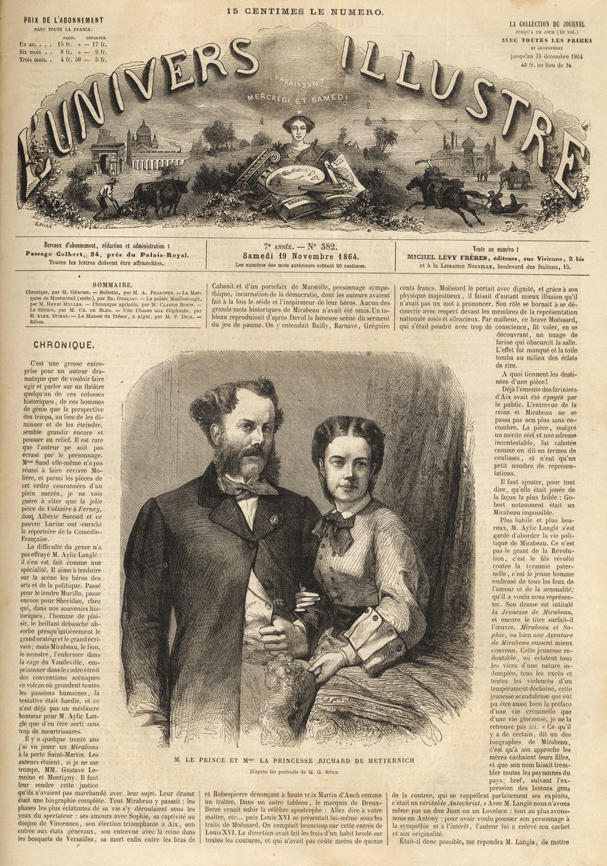 Richard Klemens von Metternich (1829-1895) e Pauline Metternich (Pauline Clementine Marie Walburge, Condessa Sandor von Szlavnicza - Princesa de Metternich-Winneburg zu Beilstein) (1836-1921) - O Universo Ilustrado de 1864 de Unknown artist
