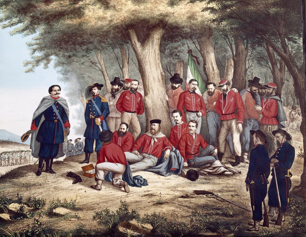 Risorgimento: "o patriota italiano Giuseppe Garibaldi (1807-1882) feridas em Aspromonte, o 29/08/1862 é transportado por soldados" (pintura) de Unknown artist