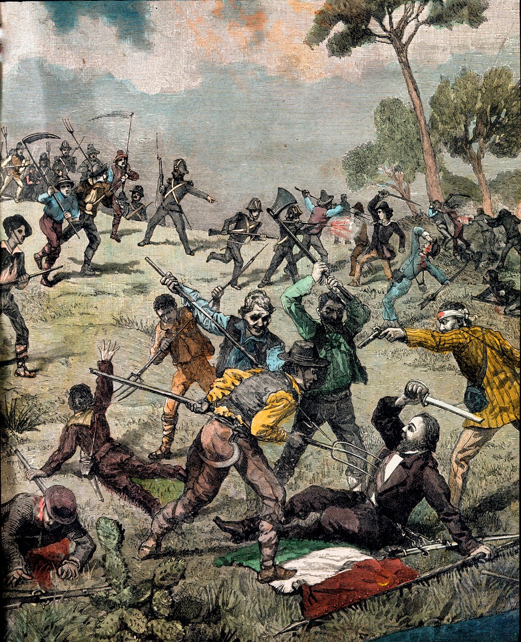 Risorgimento: "o revolucionário italiano Carlo Pisacane (1818-1857) é invadido por camponeses em Sapri em 28/06/1857" Gravura Coleção Privada de Unknown artist