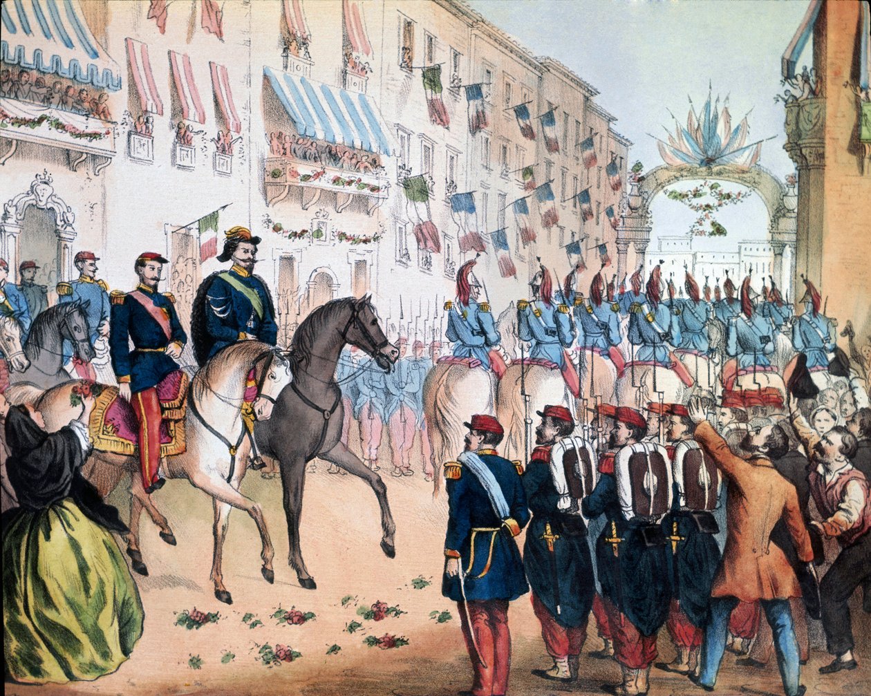 Risorgimento: "a entrada de Victor Emmanuel (Victor-Emmanuel ou Vittorio Emanuele) II rei da Itália e Napoleão III, imperador francês, em Milão em 06/08/1859. Litografia Museo Nazionale del Risorgimento Roma de Unknown artist