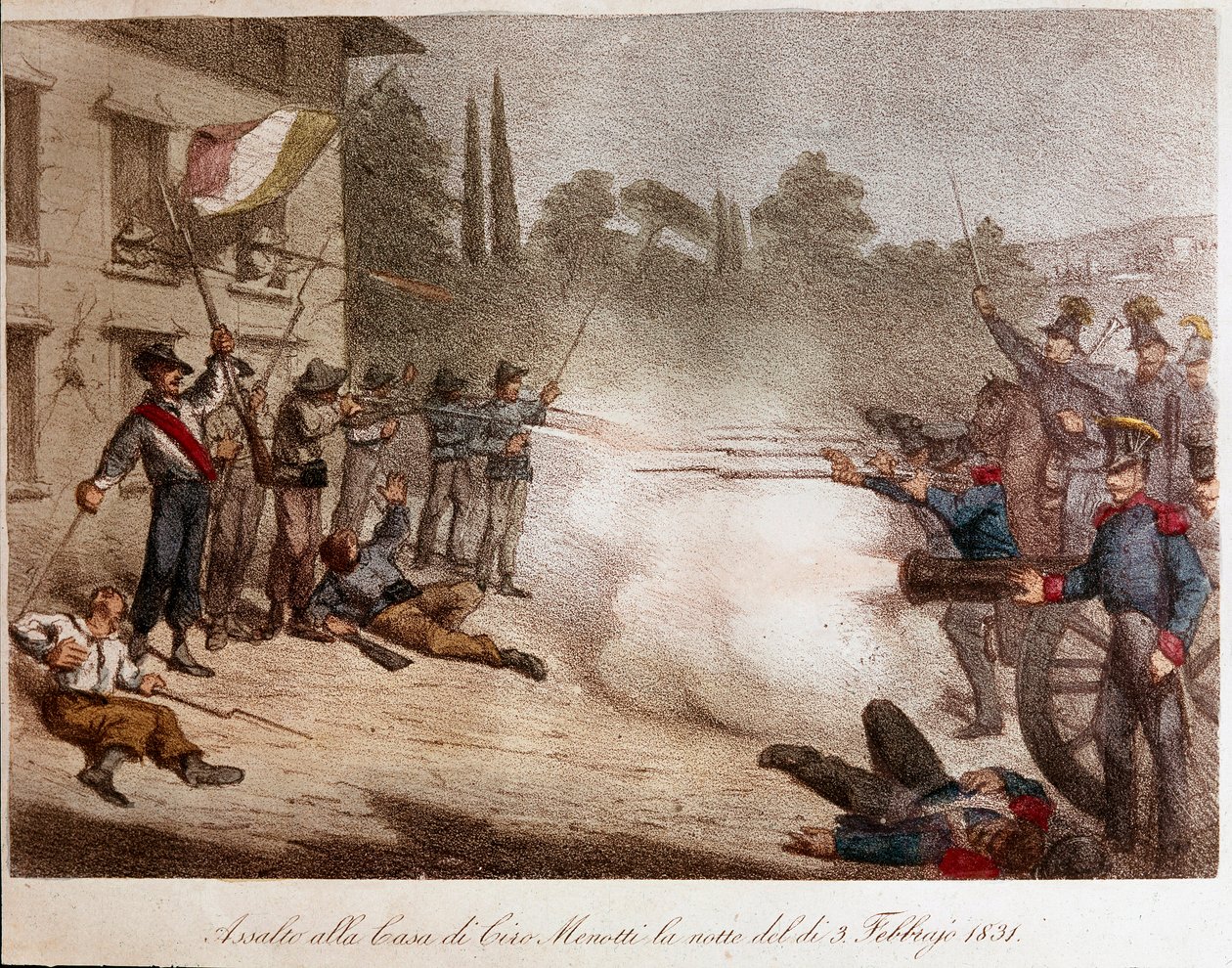 Risorgimento: os soldados de François IV de Modene (Francesco IV di Modena) invadiram a casa de Ciro Menotti na noite de 02/03/1831. Litografia Coleção Particular de Unknown artist