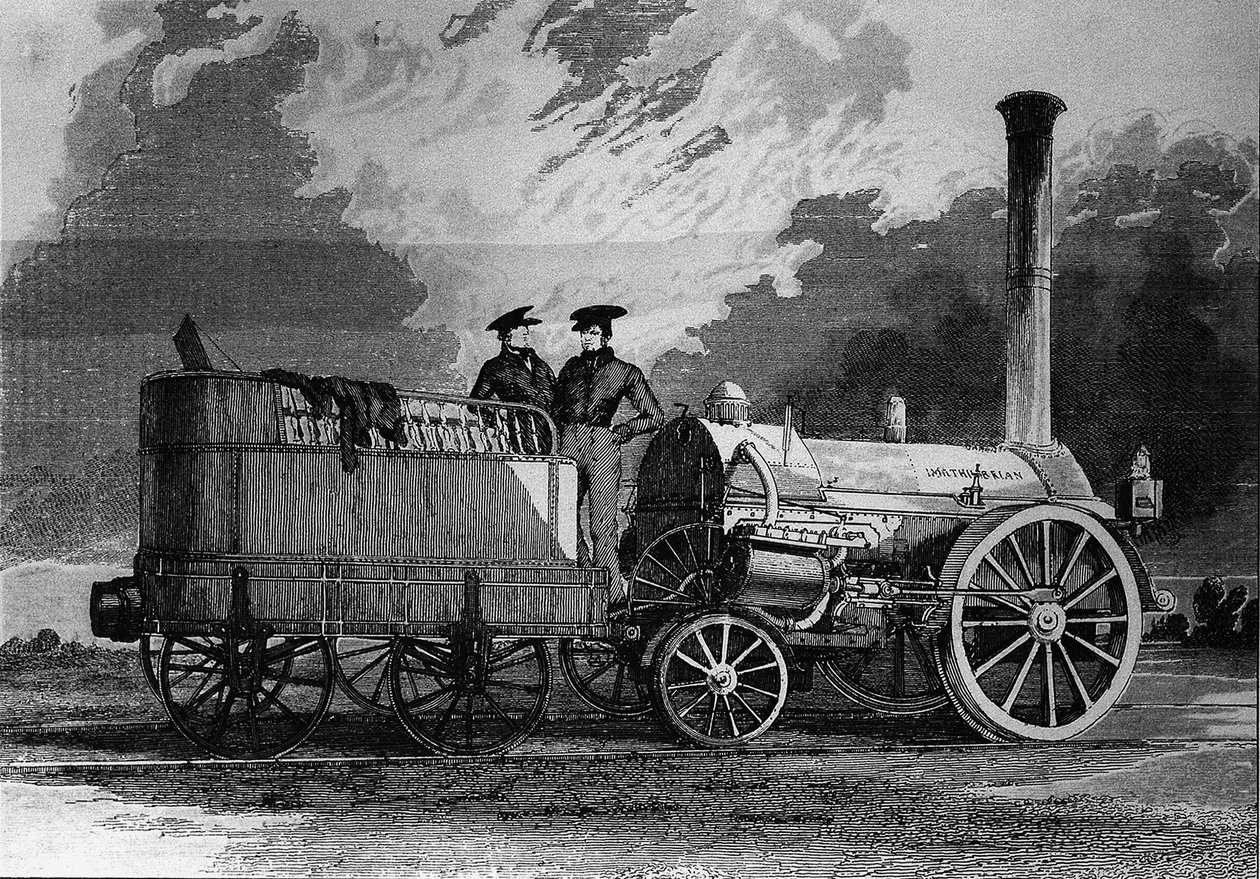 A locomotiva de Robert Stephenson para a ferrovia de Liverpool a Manchester em 1831 - gravura de Unknown artist
