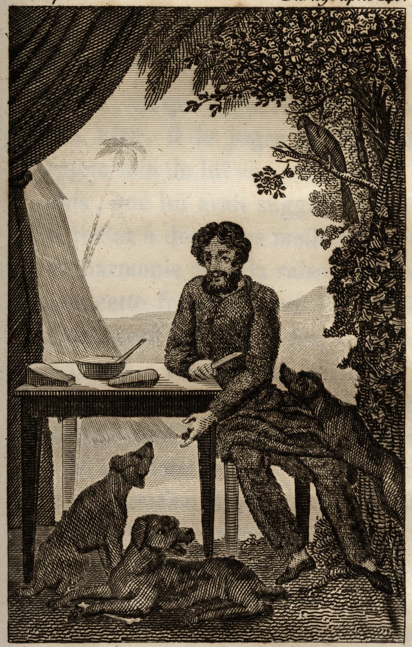 Os cães de Robinson Crusoe esperam que ele jogue algumas peças para comer, gravando inserido em "Les aventures de Robinson Crusoe" de Daniel Defoe (1660-1731), edição la librairie d