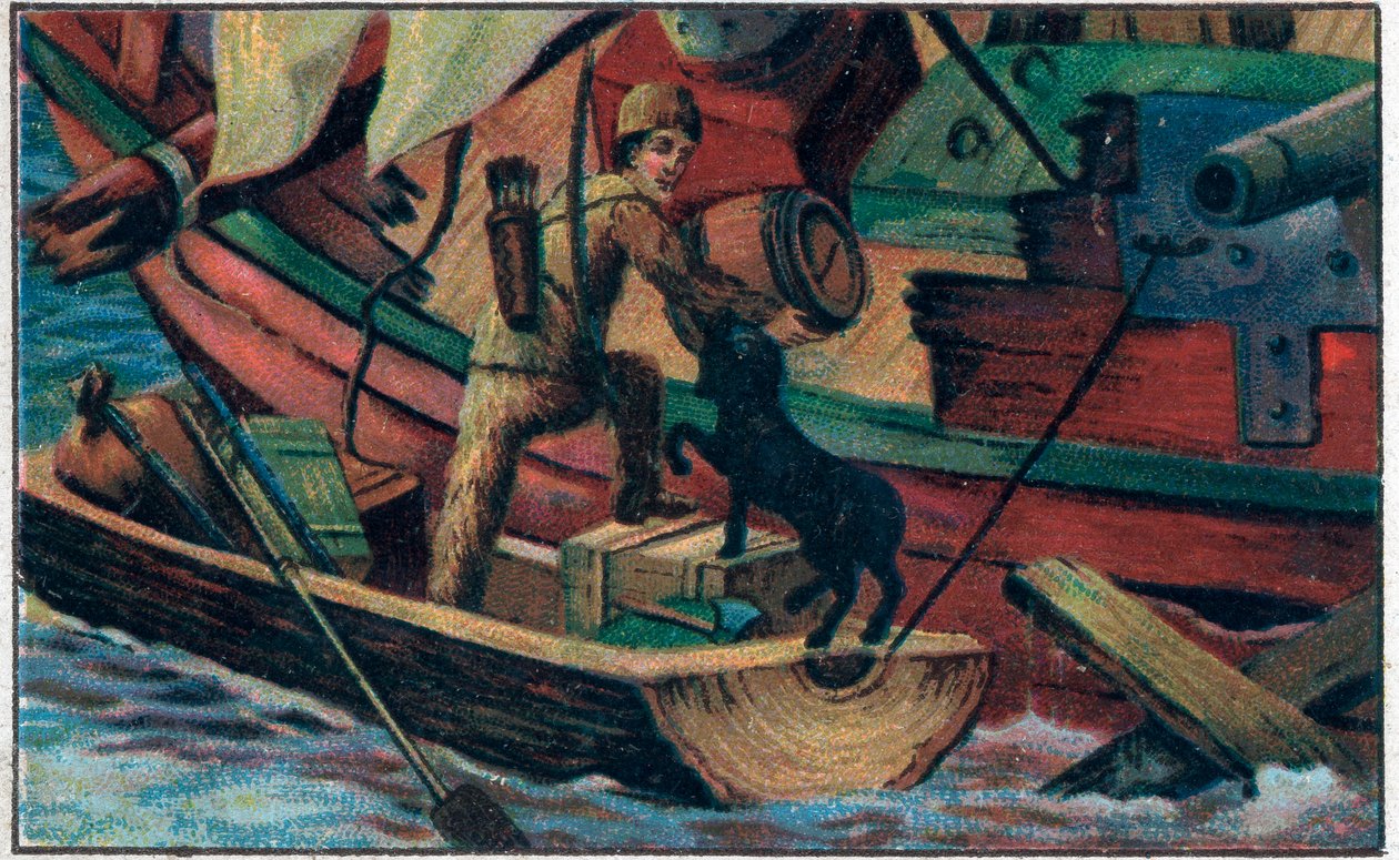 Robinson visita os escombros. Ilustração para o livro de Daniel Defoe (De foe) "Robinson Crusoe". Cromolitografia do final do século XIX. de Unknown artist