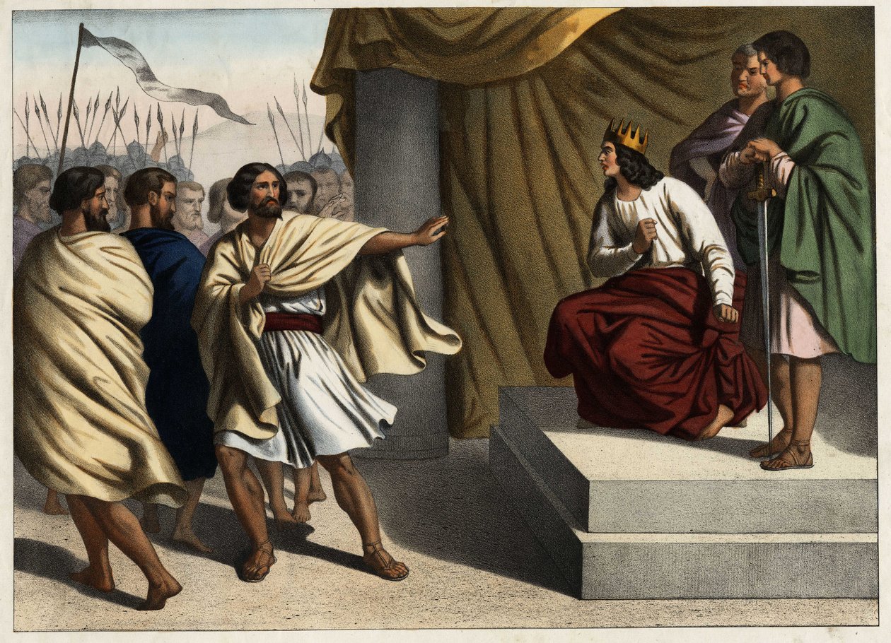 Roboão, o primeiro rei de Judas, desencadeou a revolta das dez tribos do norte. Gravura anónima de meados do século XIX. de Unknown artist