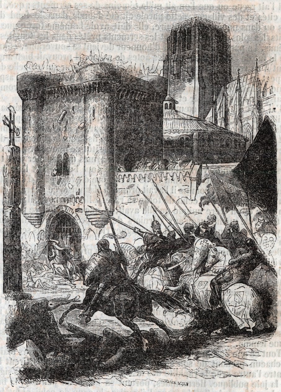 Rodomont quebra as portas do Palácio em Paris - gravura de 1851 de "Roland furieux" (Orlando furioso) (século XVI) de Ludovico Ariosto, conhecido como Arioste - Edição traduzida do italiano pelo Conde de Tressan e publicada por Gustave Harv de Unknown artist