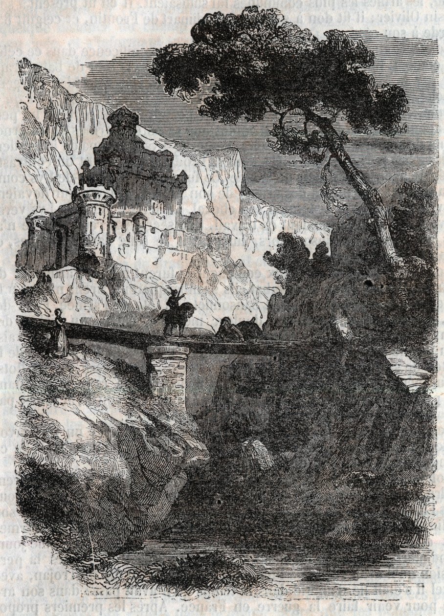 Rodomont derrotado por Bradamante - Gravura de 1851 de "Furious Roland" (Orlando furioso) (século XVI) de Ludovico Ariosto, conhecido como Ariosto - Edição traduzida do italiano pelo Conde de Tressan e publicada por Gustave Harvard 1851 de Unknown artist