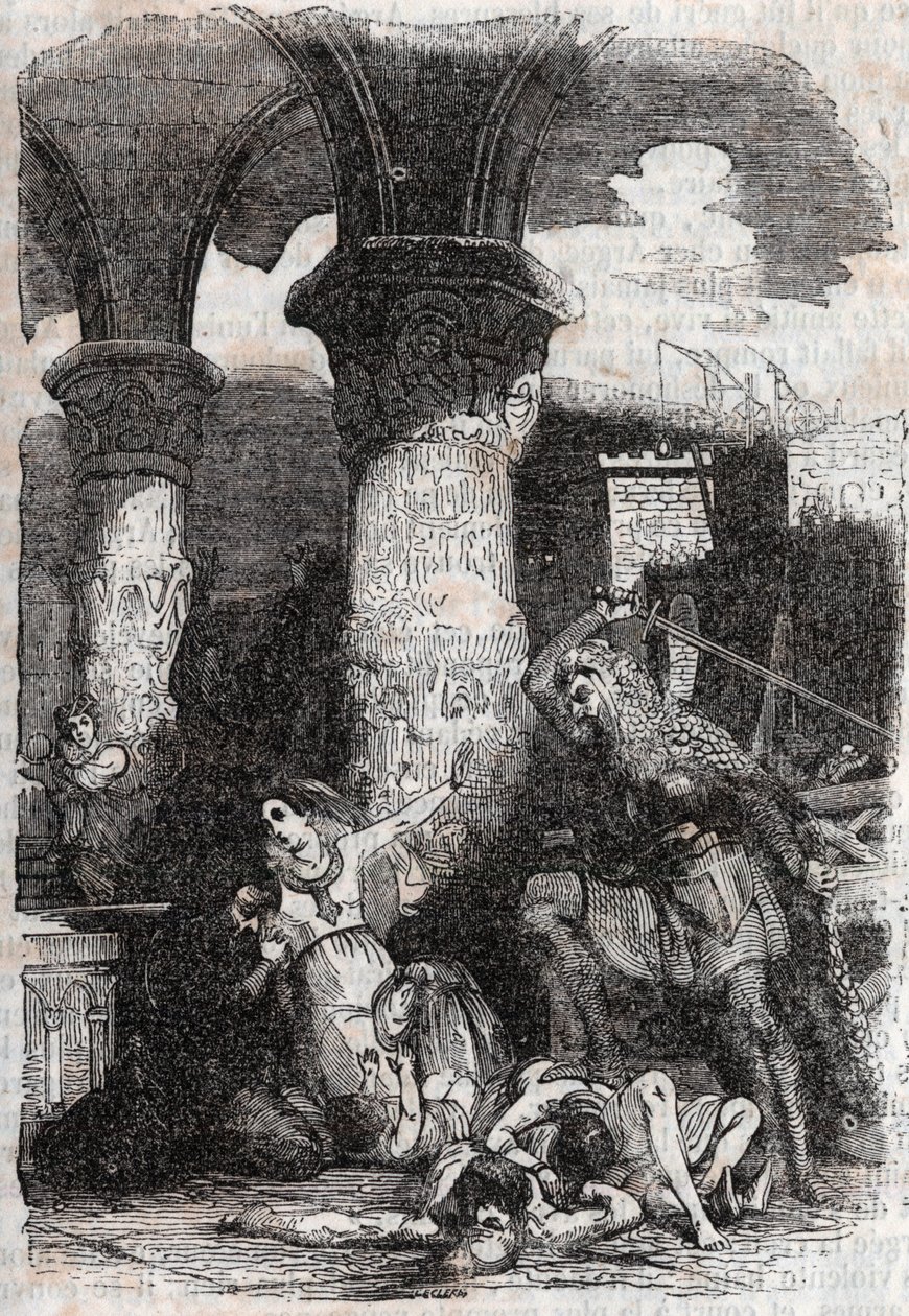 Rodomont massacre les habitatnts de Paris - Gravura de 1851 de "Roland furieux" (Orlando furioso) (século XVI) de Ludovico Ariosto, conhecido como Arioste - Edição traduzida do italiano pelo Conde de Tressan e publicada por Gustave Harvard 185 de Unknown artist