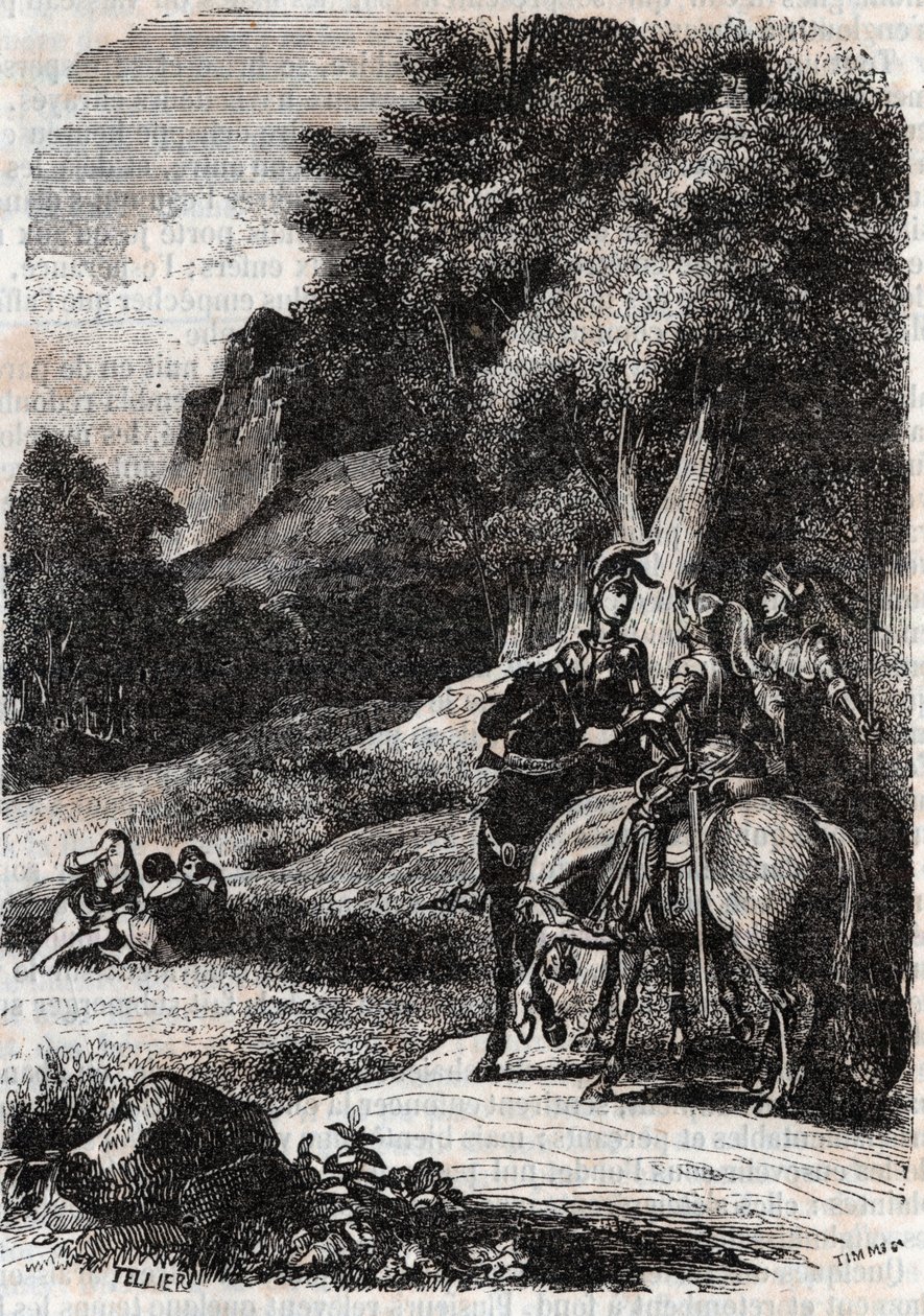 Roger (Ruggero, Ruggiero), Marphise (Marfisa) e as três mulheres - gravura de 1851 de "Roland furieux" (Orlando furioso) (século XVI) de Ludovico Ariosto, chamada Ariosto - Edição traduzida do italiano pelo Conde de Tressan e publicada por de Unknown artist