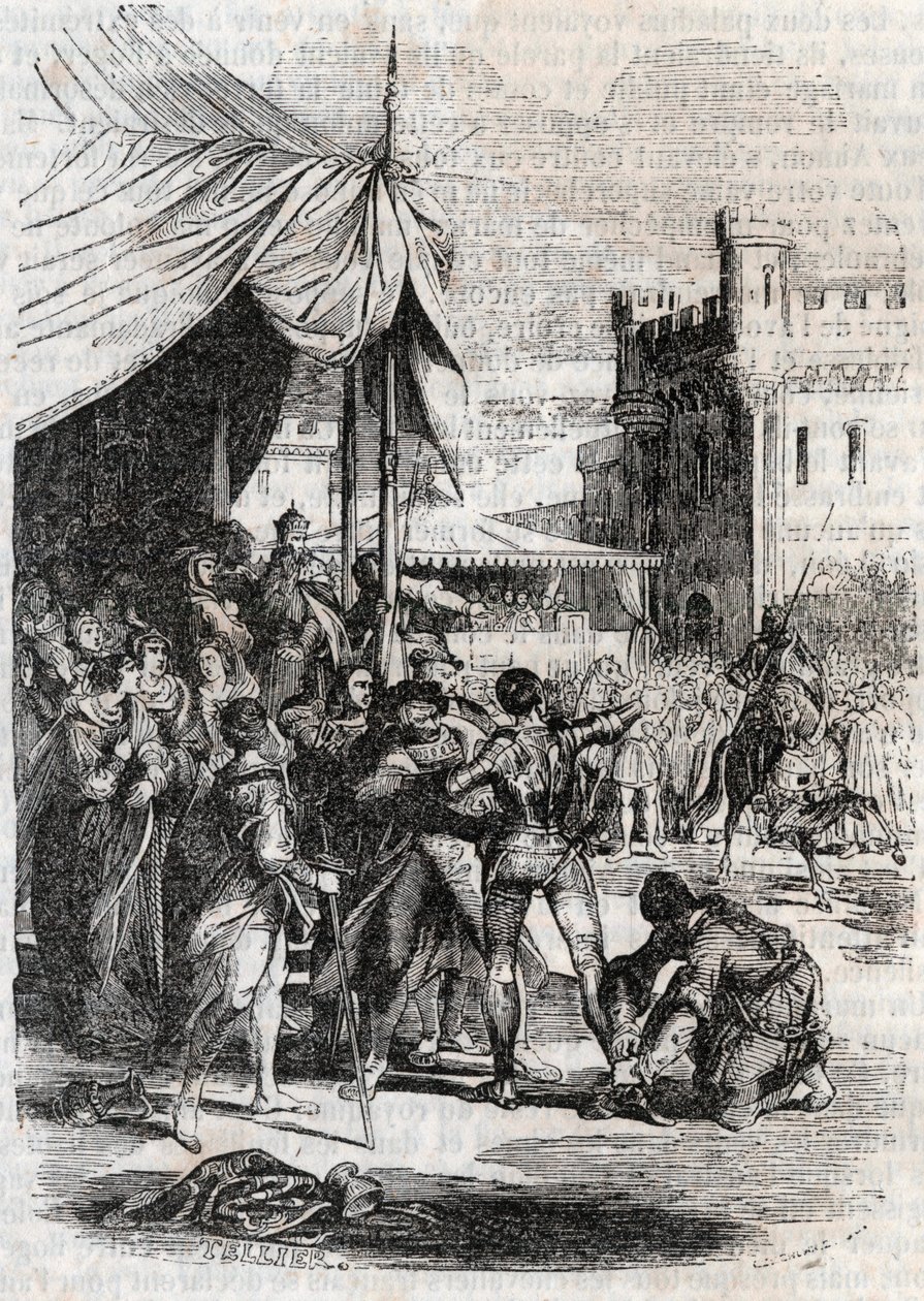Roger (Ruggero, Ruggiero) desafia em batalha por Rodomont (Rodomonte) - gravura de 1851 de "Furious Roland" (Orlando furioso) (século XVI) de Ludovico Ariosto, conhecido como Ariosta - Edição traduzida do italiano pelo Conde de Tressan e publicada de Unknown artist