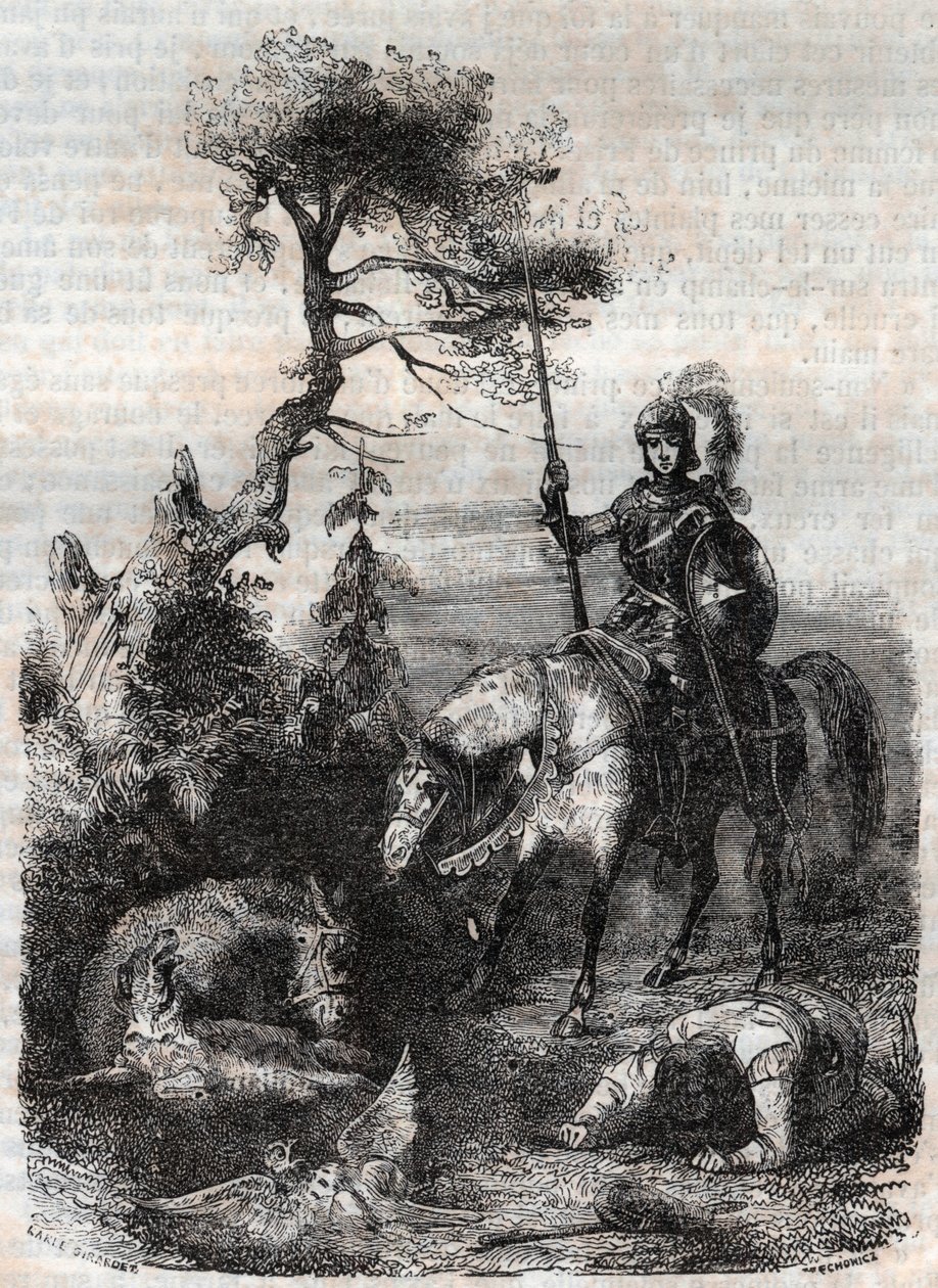Roger (Ruggero, Ruggiero) faz uso do escudo encantador - gravura de 1851 de "Furious Roland" (Orlando furioso) (século XVI) de Ludovico Ariosto, conhecido como Ariosta - Edição traduzida do italiano pelo Conde de Tressan e publicada por de Unknown artist