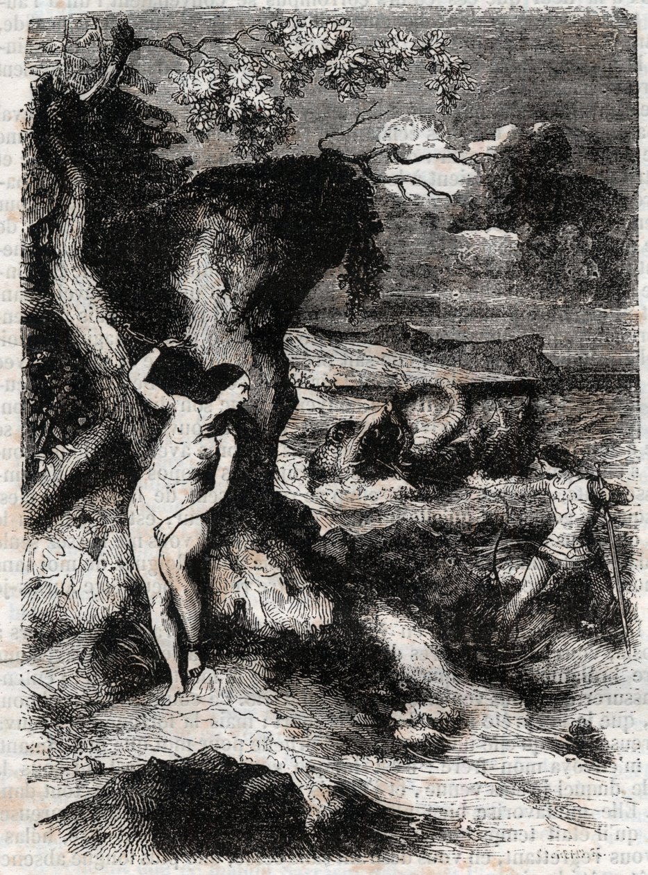 Roland delivre Olympe - Gravura de 1851 de "Roland furieux" (Orlando furioso) (século XVI) de Ludovico Ariosto, conhecido como Ariosto - Edição traduzida do italiano pelo Conde de Tressan e publicada por Gustave Harvard 1851 de Unknown artist