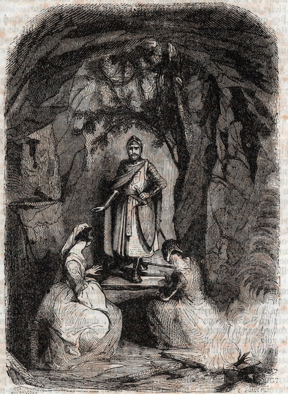 Roland vê Isabelle numa caverna - gravura de 1851 de "Furious Roland" (Orlando furioso) (século XVI) de Ludovico Ariosto, conhecido como Ariosta - Edição traduzida do italiano pelo Conde de Tressan e publicada por Gustave Harvard 1851 de Unknown artist