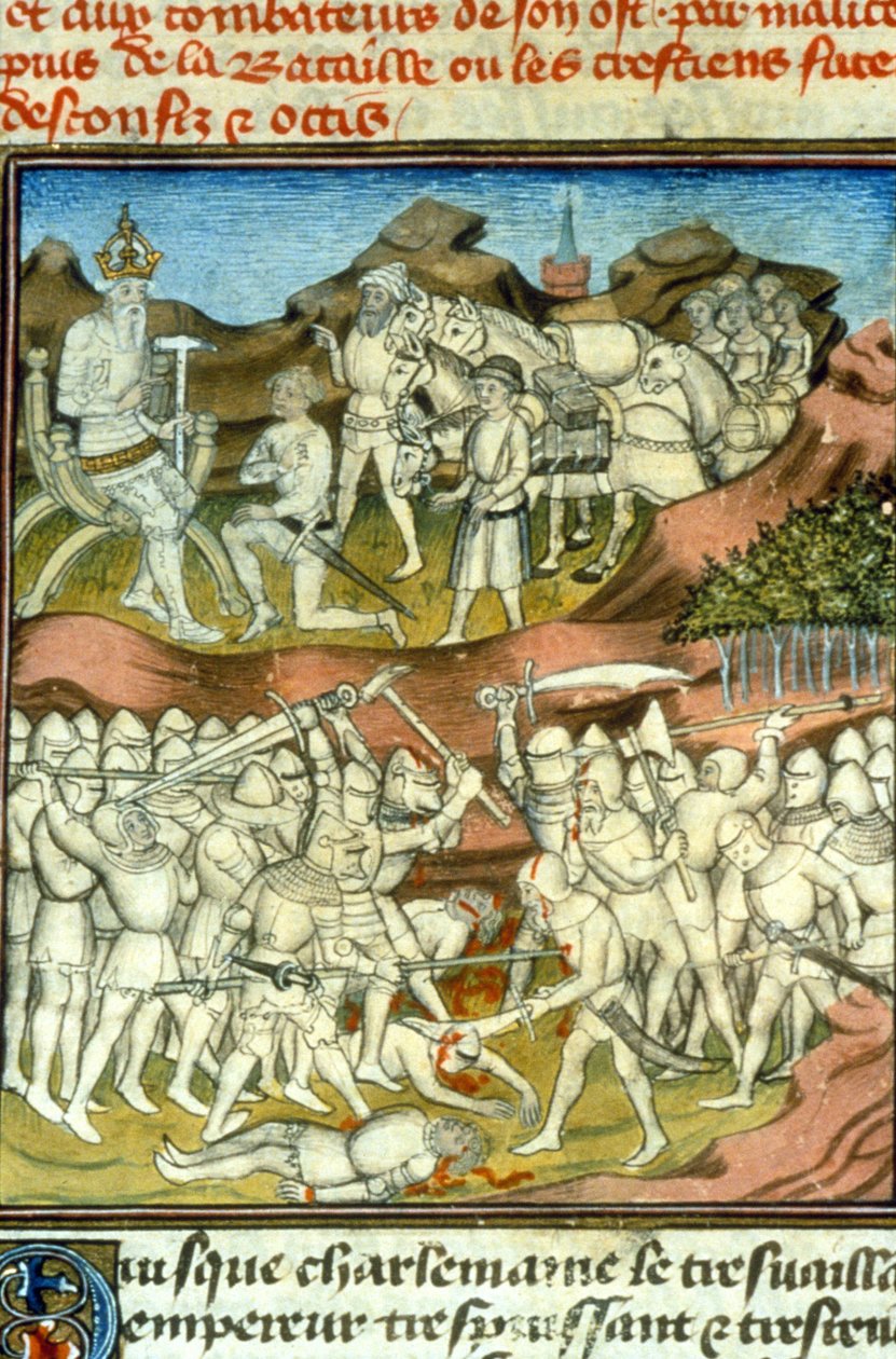 A morte do Roland. Carlos Magno envia os seus cavaleiros para combater; o cavaleiro Roland é morto na Batalha de Roncesvaux (778) - Miniatura da Idade Média (ref. 512) de Unknown artist