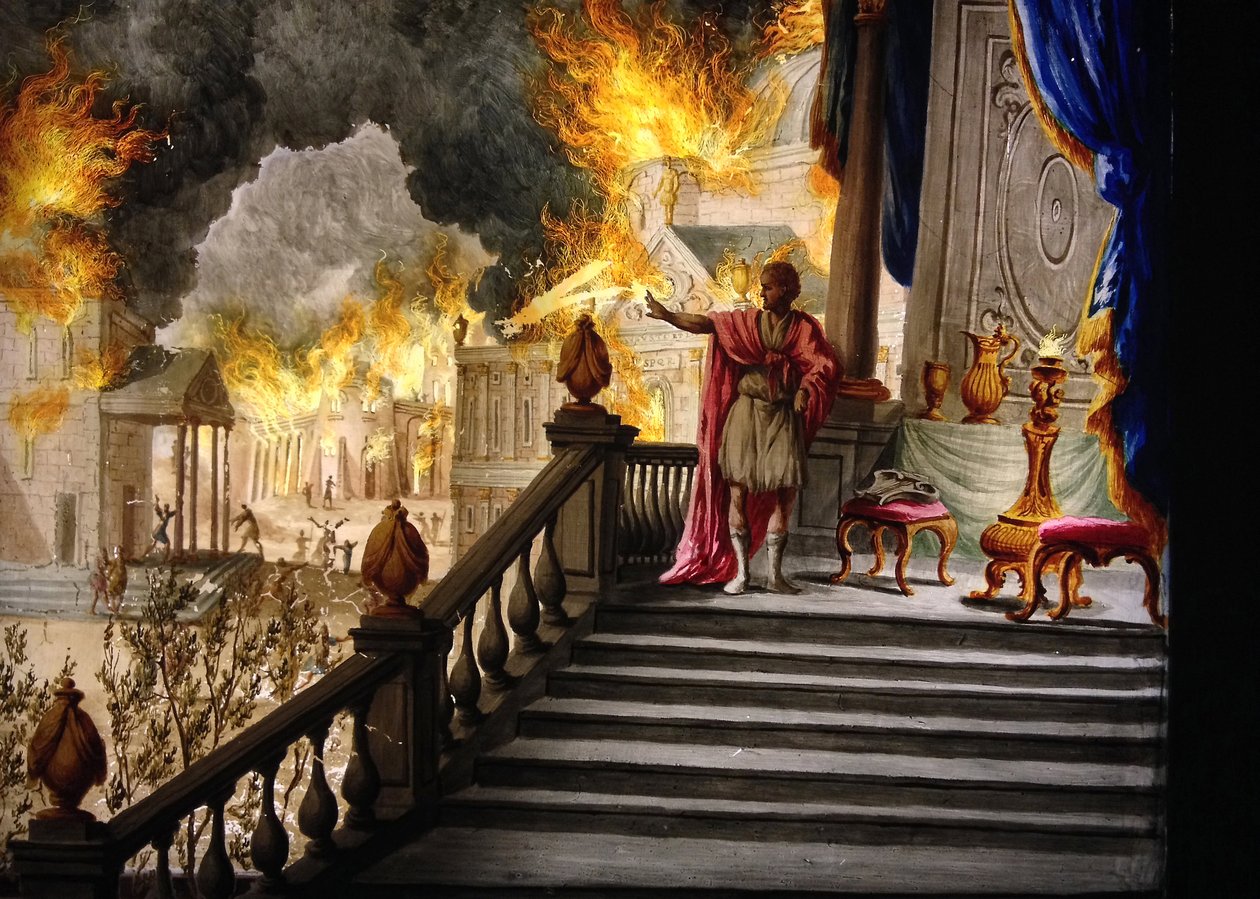 Antiguidade Romana: "O Imperador Nero contemplando o fogo de Roma em 18 de julho de 64" (pintura em vidro) de Unknown artist