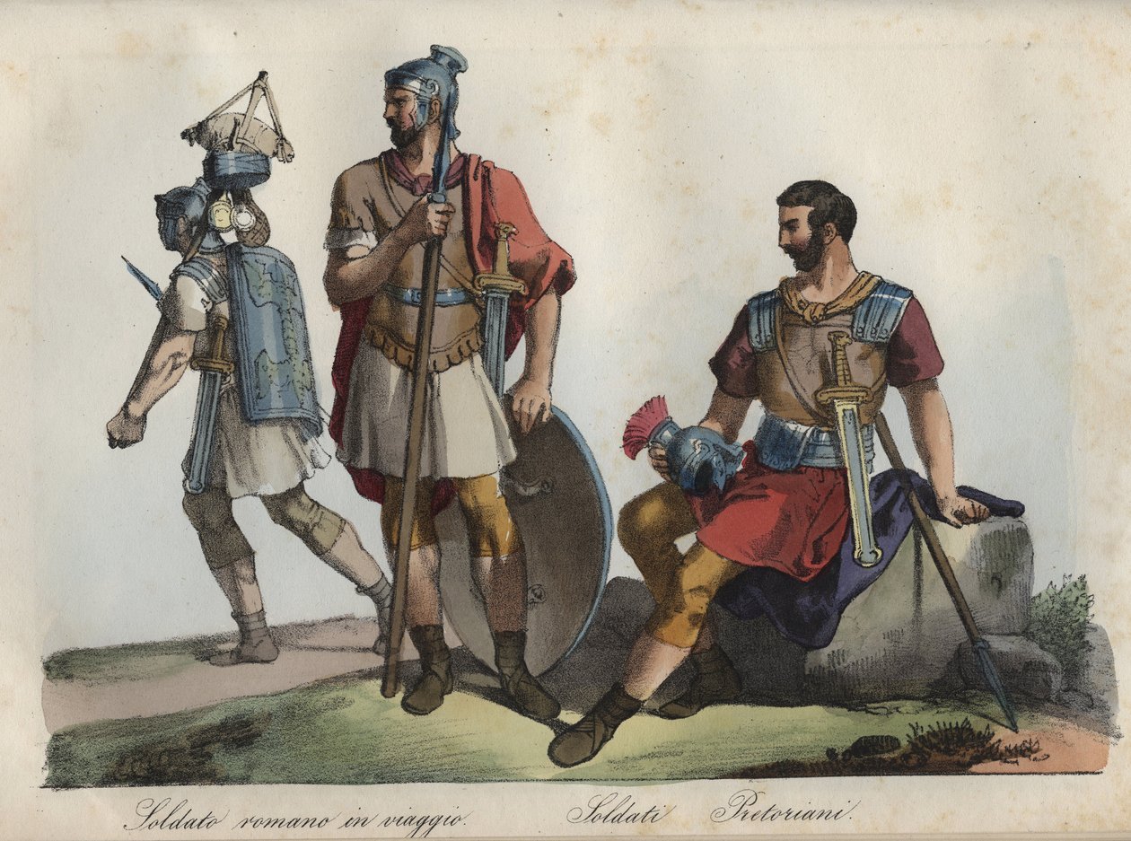 Soldados Romanos e Guarda Pretoriana - gravura de "Usos e Costumes de Todos os Povos do Universo". Ou melhor, a história do governo, das leis, das milícias, da religião de todas as nações desde os tempos mais remotos até aos dias de hoje" 1856 de Unknown artist