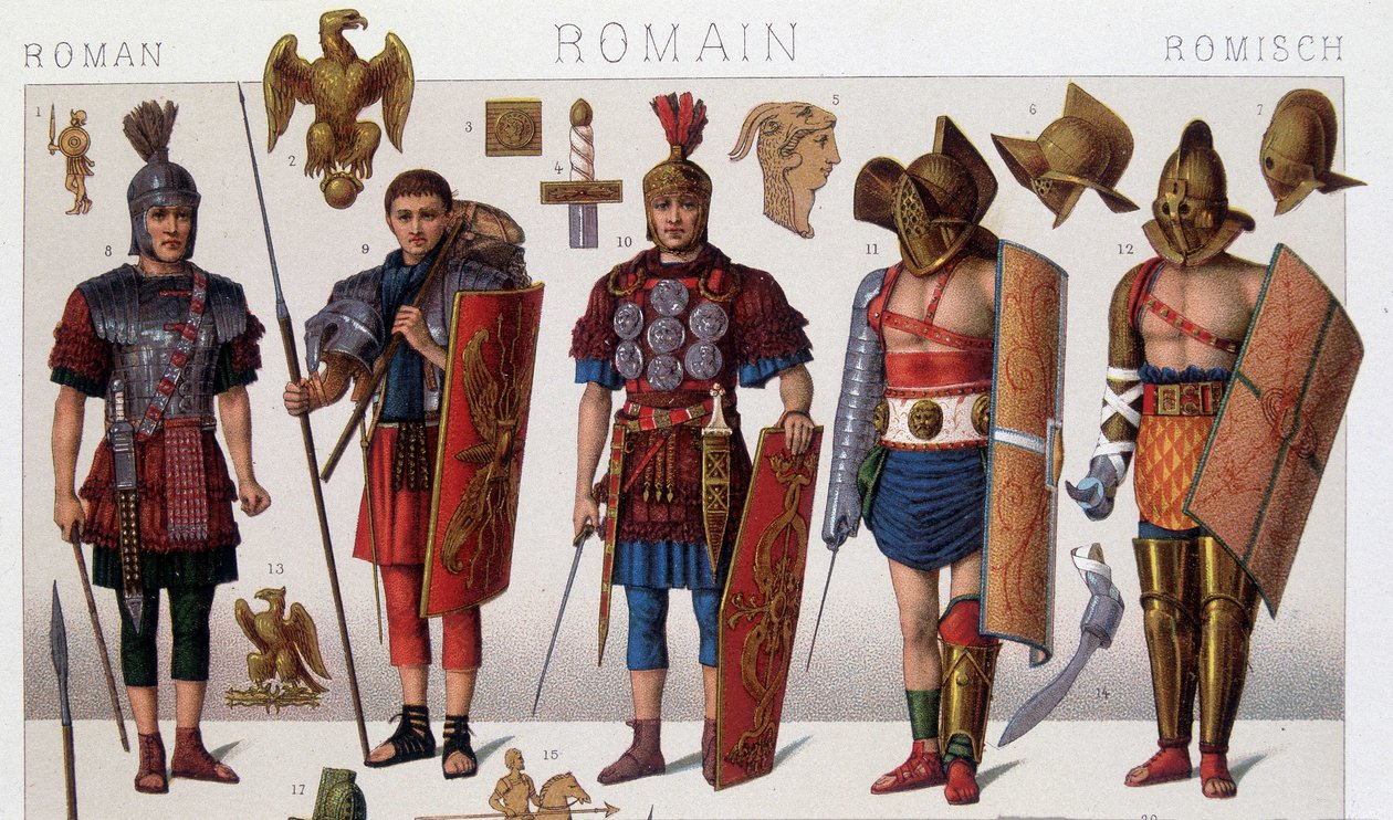 Fantasias de gladiadores romanos e guerreiros. A cromolitografia do século XIX. de Unknown artist