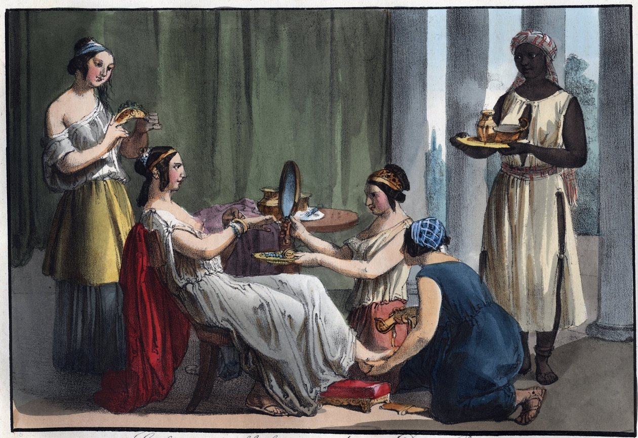 Senhora romana no seu banheiro - gravura de "Usos e costumes de todos os povos do Universo". Ou História do Governo, Leis, Milícias, Religião de todas as Nações desde os tempos mais remotos até ao dia de hoje" 1856 de Unknown artist