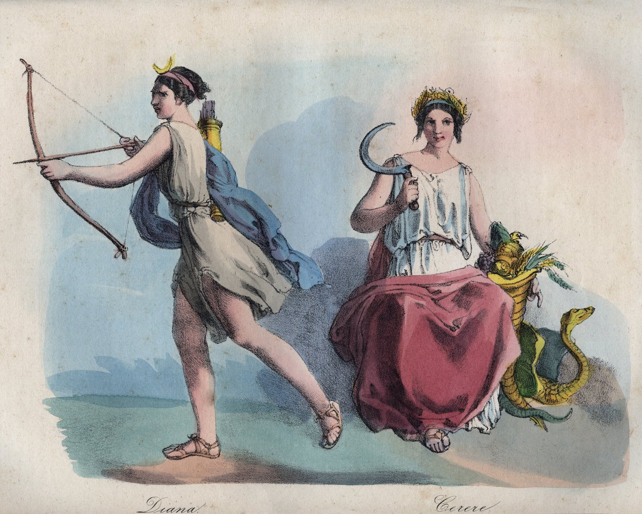 Mitologia romana - Diana (Diane) a deusa da caça e Ceres deusa da agricultura - gravura de "Usi e Costumi di Tutti i Popoli dell