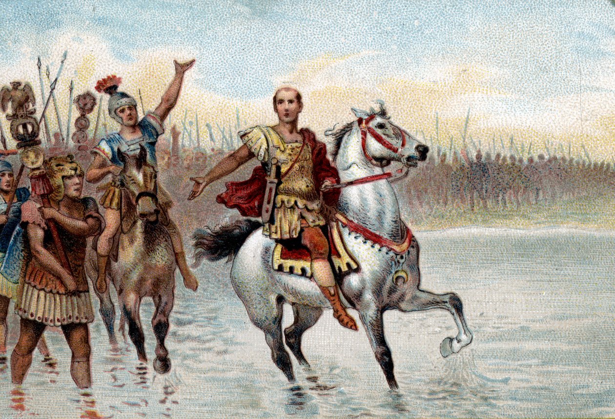 Sistema político romano: O cônsul. Jules César atravessou o rio Rubicão com as suas legiões em armas no dia 10 de Janeiro de 49 a.C., seguindo os passos de Pompeu Magno (Gneo Pompeo Magno ou Gnaeus Pompeius Magnus) de Unknown artist