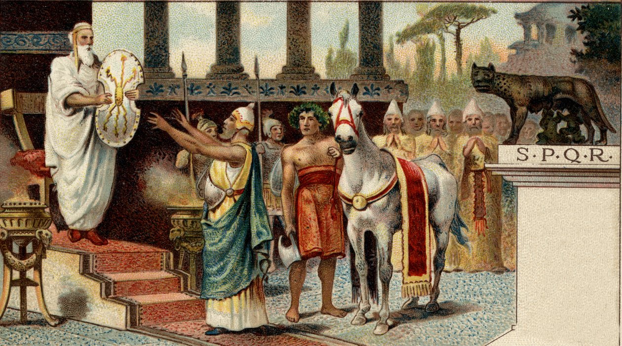 Sistema político romano. O rei: Numa Pompilius, lendário rei de Roma (-715, -672), confiando o escudo sagrado aos sacerdotes salianos. Cromolitografia do final do século XIX. de Unknown artist