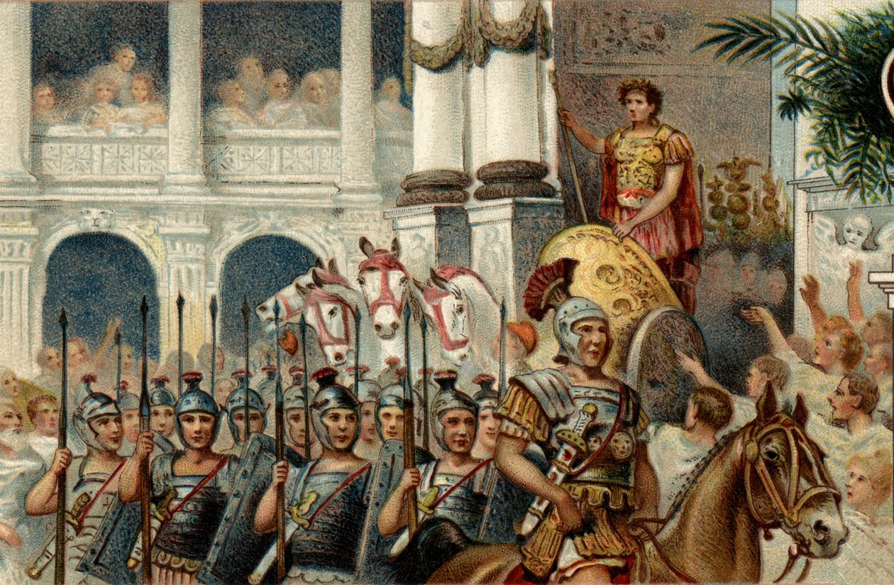 Sistema político romano. O Imperador: Desonrar em honra das vitórias do Imperador Romano Augusto (Octávio ou Octávio) ganho em Áctio, Panónia e Egipto. Cromolitografia do final do século XIX. de Unknown artist