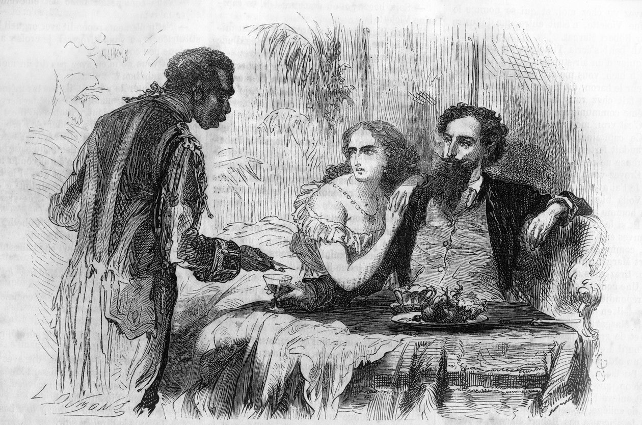 Série romana: "Os Puritanos de Paris" de Paul Bocage (1824-1887). "O negro trouxe o cartão de visita a Robert." Gravação em "Les bons romances" de Unknown artist