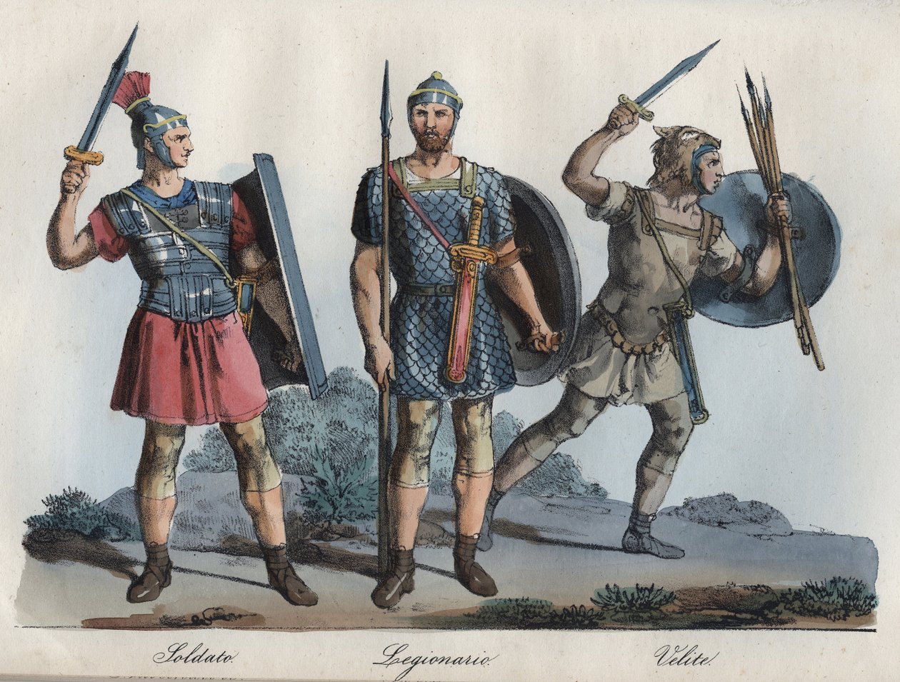 Soldado Romano - Legionário - Velites (infantaria ligeira) - gravura de "Usos e costumes de todos os povos do Universo". Ou melhor, a história do governo, das leis, das milícias, da religião de todas as nações desde os tempos mais remotos até aos nossos di de Unknown artist