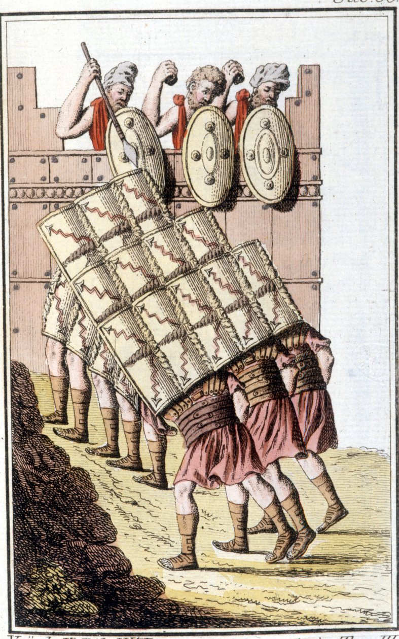 Soldados romanos (legião romana) manobrando e se defendendo com seus escudos. Gravura desde o início do século XIX de Unknown artist