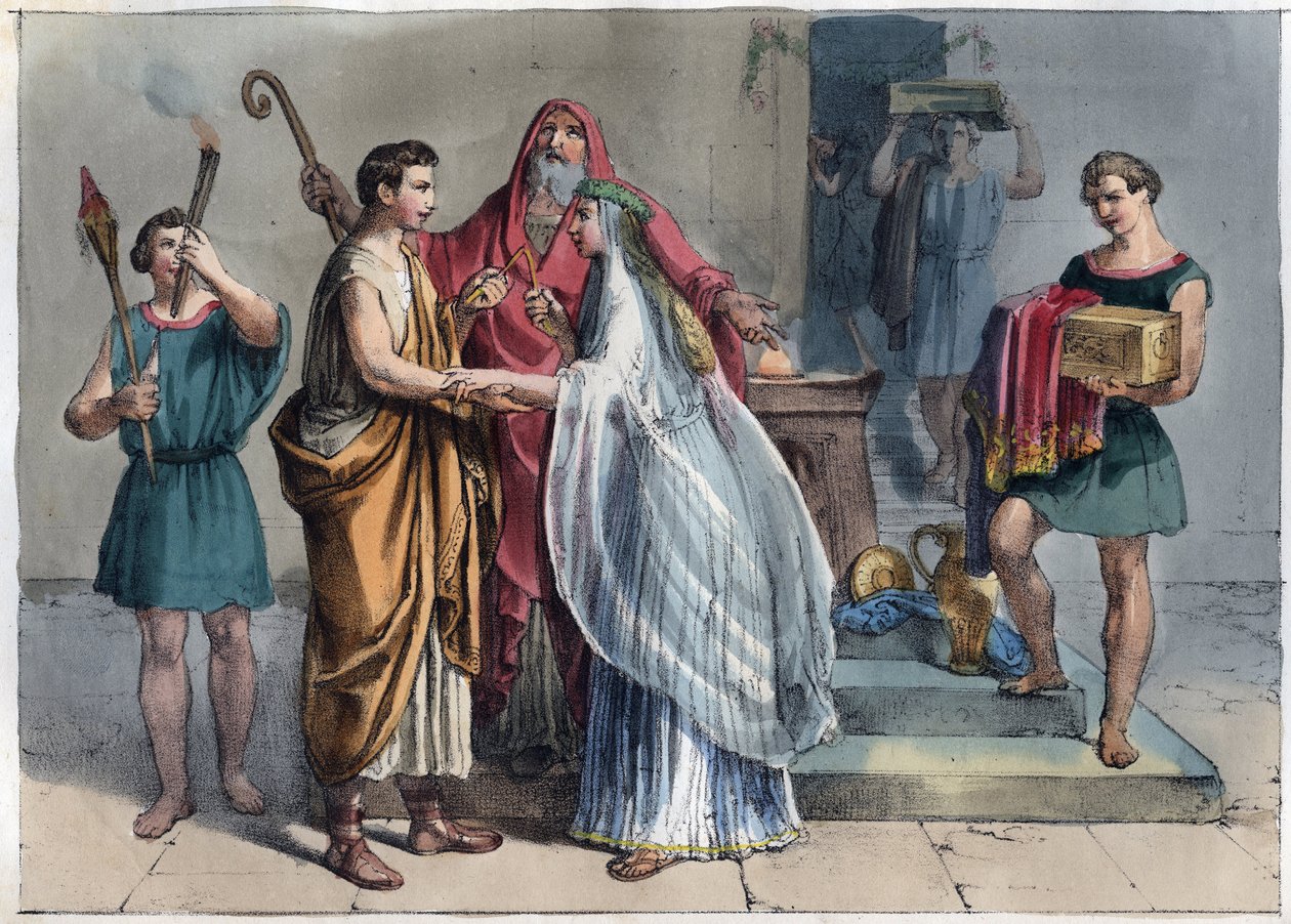 Casamento romano na época da República - gravura de "Usos e costumes de todos os povos do Universo". Ou História do governo, leis, milícias, religião de todas as nações desde os tempos mais remotos até aos dias de hoje" 1856 de Unknown artist
