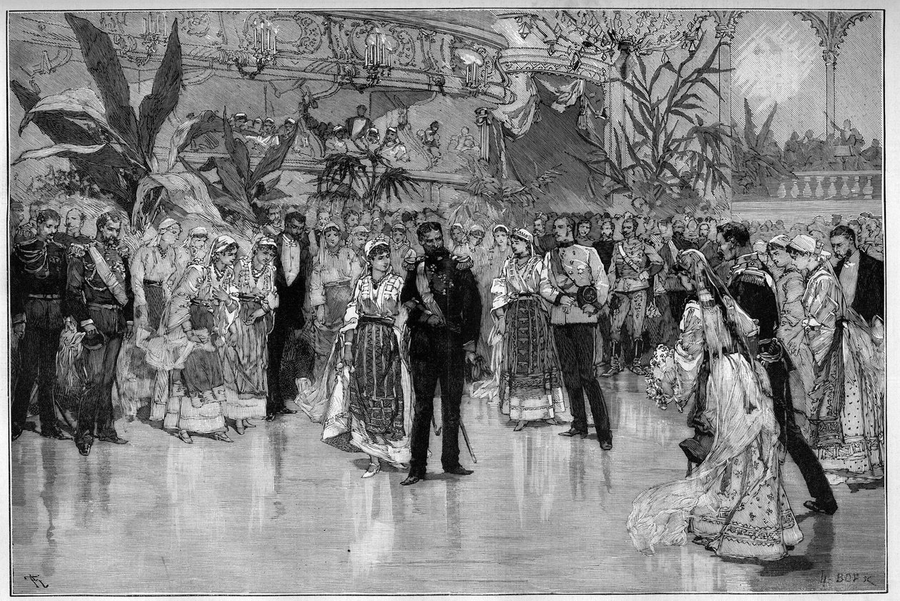 Roménia: Bola dada em homenagem ao Príncipe Rodolph (1858-1889) e à Princesa Stephanie da Áustria Hungria (1864-1945) no Teatro Nacional de Bucareste. Gravura no "Le Monde Illustré". de Unknown artist