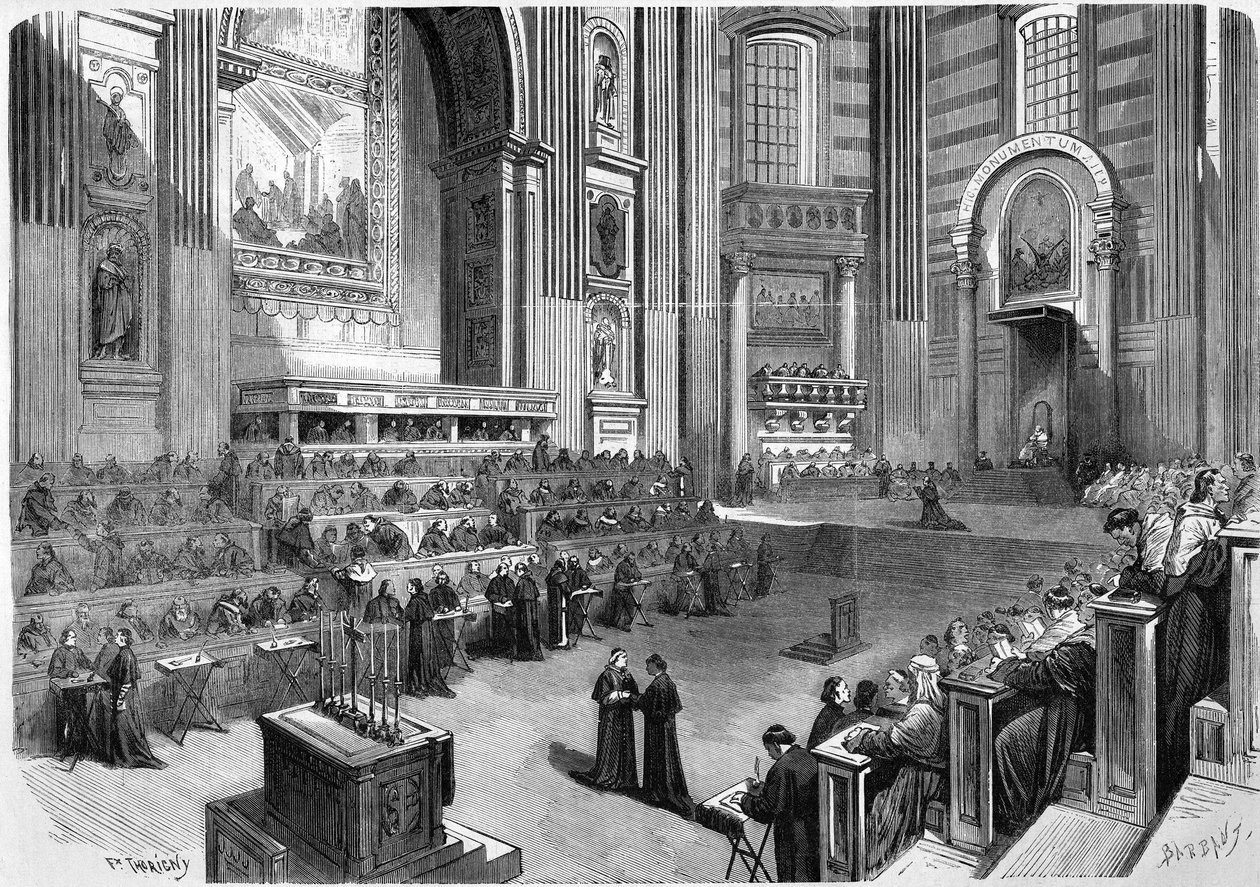 Roma 1869, primeira reunião do Concílio Ecumênico de 1869, realizada em 9 de dezembro na parte direita do transepto da Igreja de São Pedro. de Unknown artist
