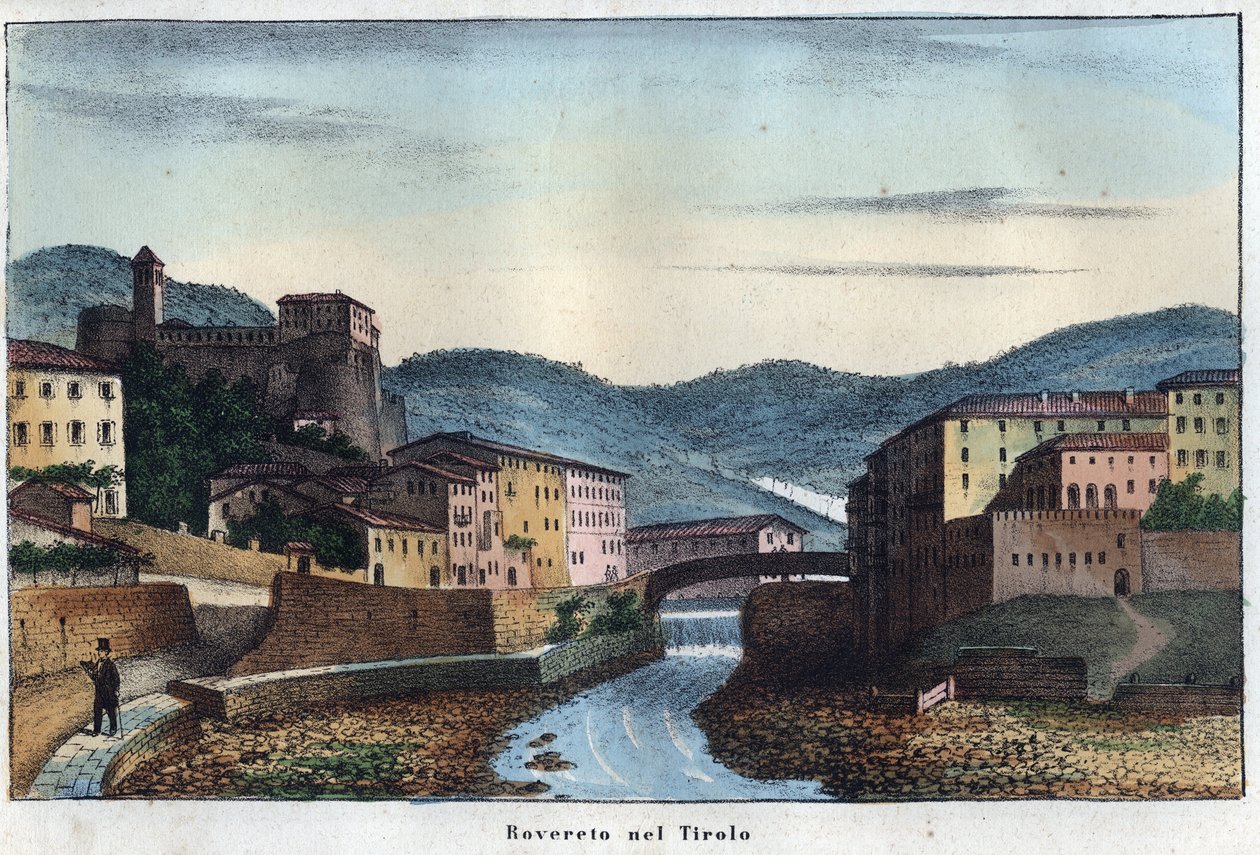 Cidade de Rovereto no Trentino no norte da Itália - século XIX - gravura de "Usi e Costumi di Tutti i Popoli dell