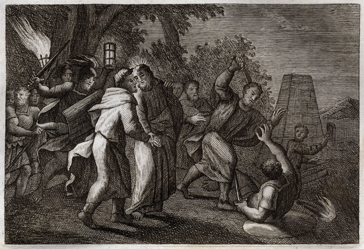 Bíblia de Royaumont, Novo Testamento: A prisão de Jesus Cristo ou o beijo de Judas. Os soldados vêm para prender Cristo no Jardim das Oliveiras. São Pedro corta a orelha de um deles. Ilustração de 1811. de Unknown artist