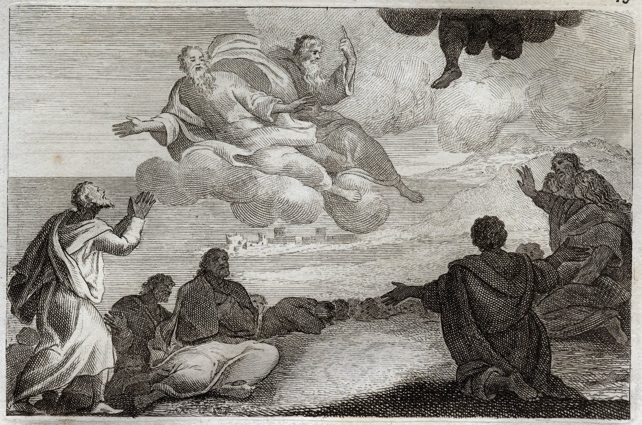 Bíblia de Royaumont, Novo Testamento: Ascensão de Jesus Cristo. Cristo é tirado do céu e abençoou os Apoters antes de desaparecer em uma nuvem. Ilustração de 1811. de Unknown artist